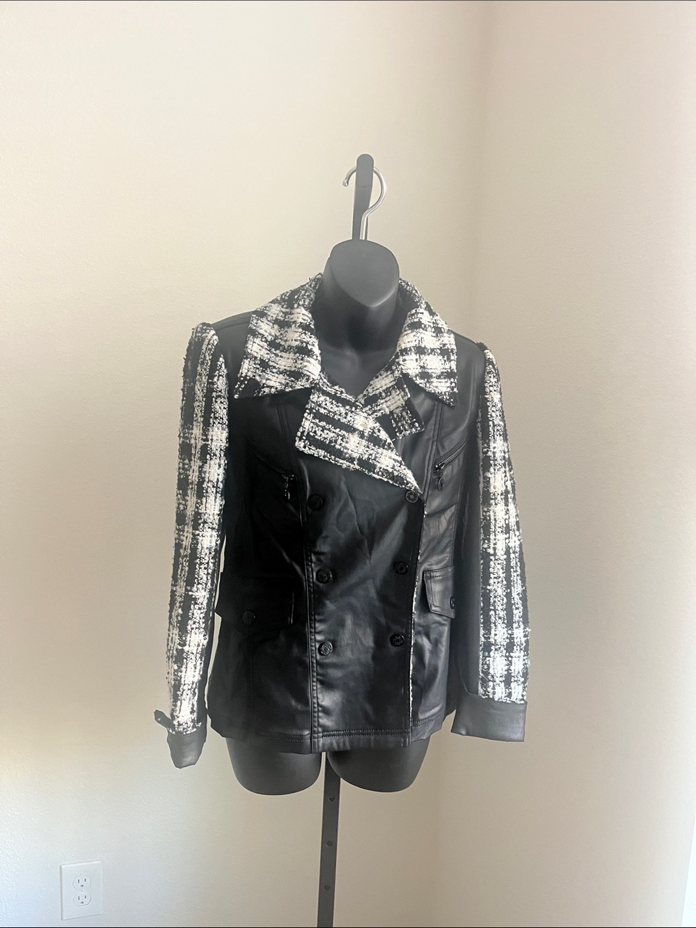 Black and White Tweed-Trim Faux Leather Jacket